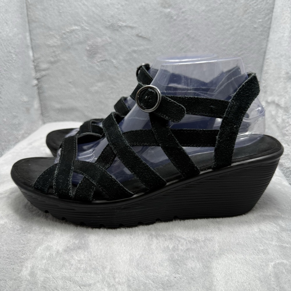 Skechers Wedge Sandals Womens Size 9.5 Black Suede Hook & Loop Strap Comfort